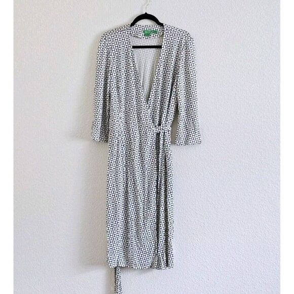 TIBI 100% Silk Dress True Wrap Blue Cream Geometric Pattern Half Sleeve Size 10 - Picture 1 of 7